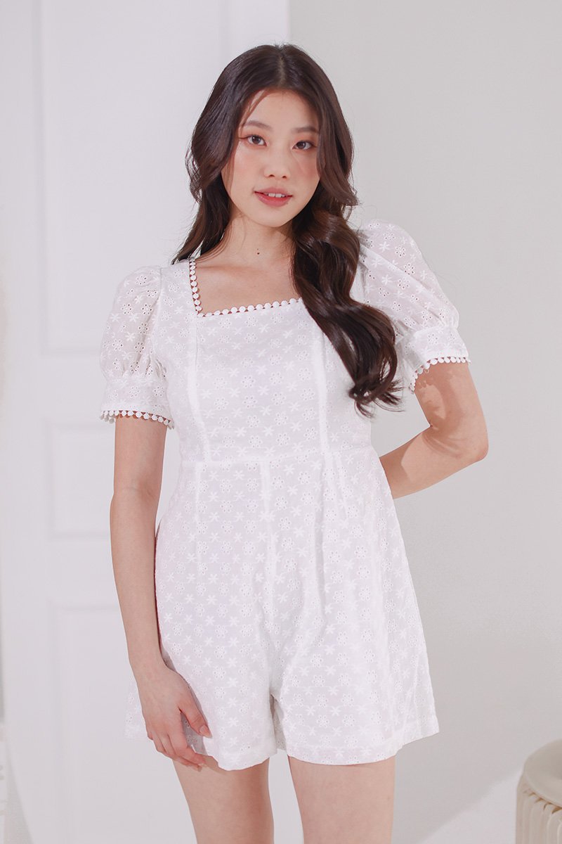 Arianne Square Neck Broderie Romper Ivory