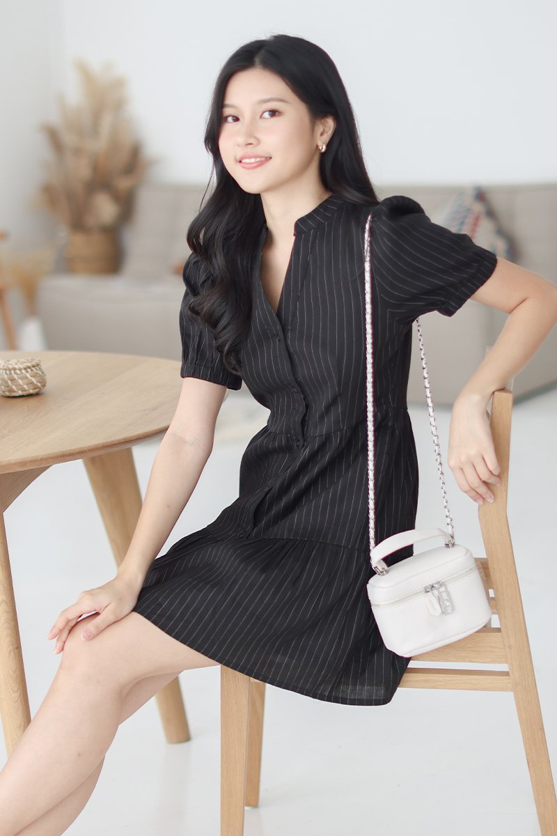 Evalyn Mini Stripe Dress Black