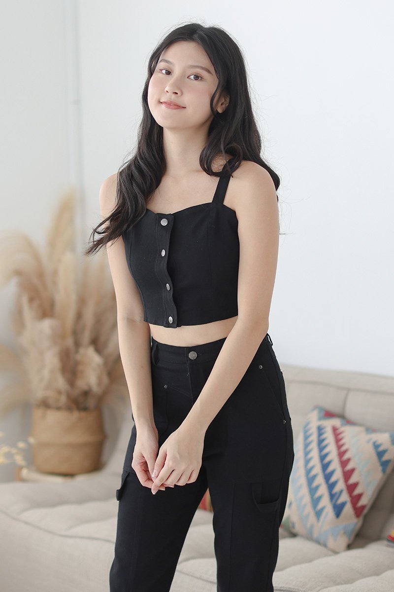 Roxey Stretchable Buttons Crop Top Black