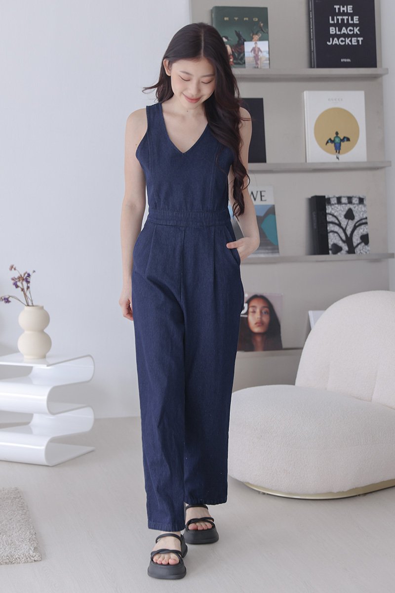 Stacey V Neck Denim Jumpsuit Dark Wash