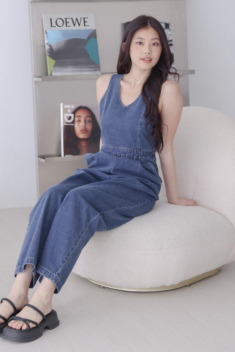 Stacey V Neck Denim Jumpsuit Mid Wash