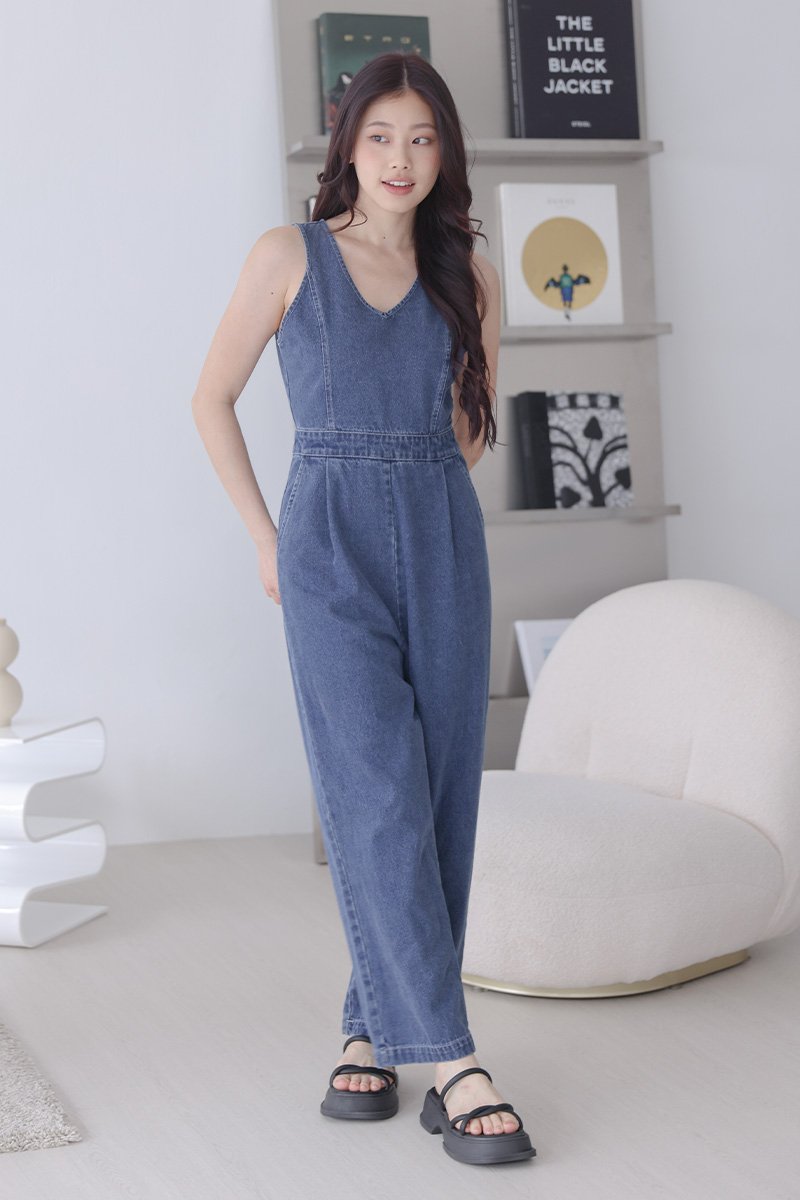 Stacey V Neck Denim Jumpsuit Mid Wash