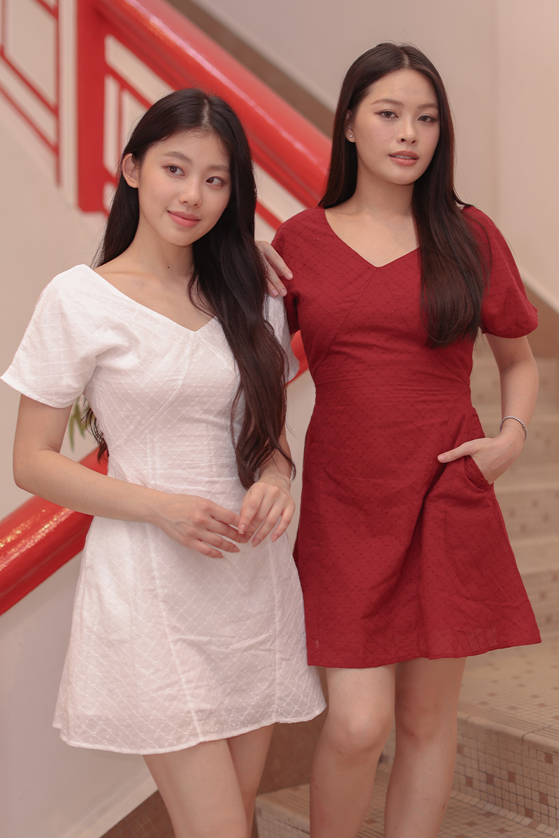 Jaylea V-Neck Eyelet Dress Ivory