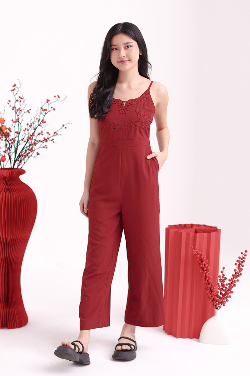 LiHua Embroidered Straight Cut Jumpsuit Wine Red