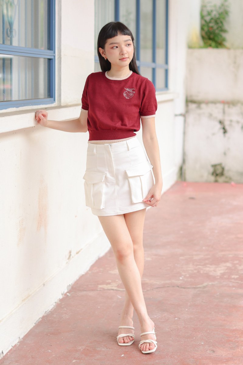 Lantern Contrast Knitted Top Scarlet