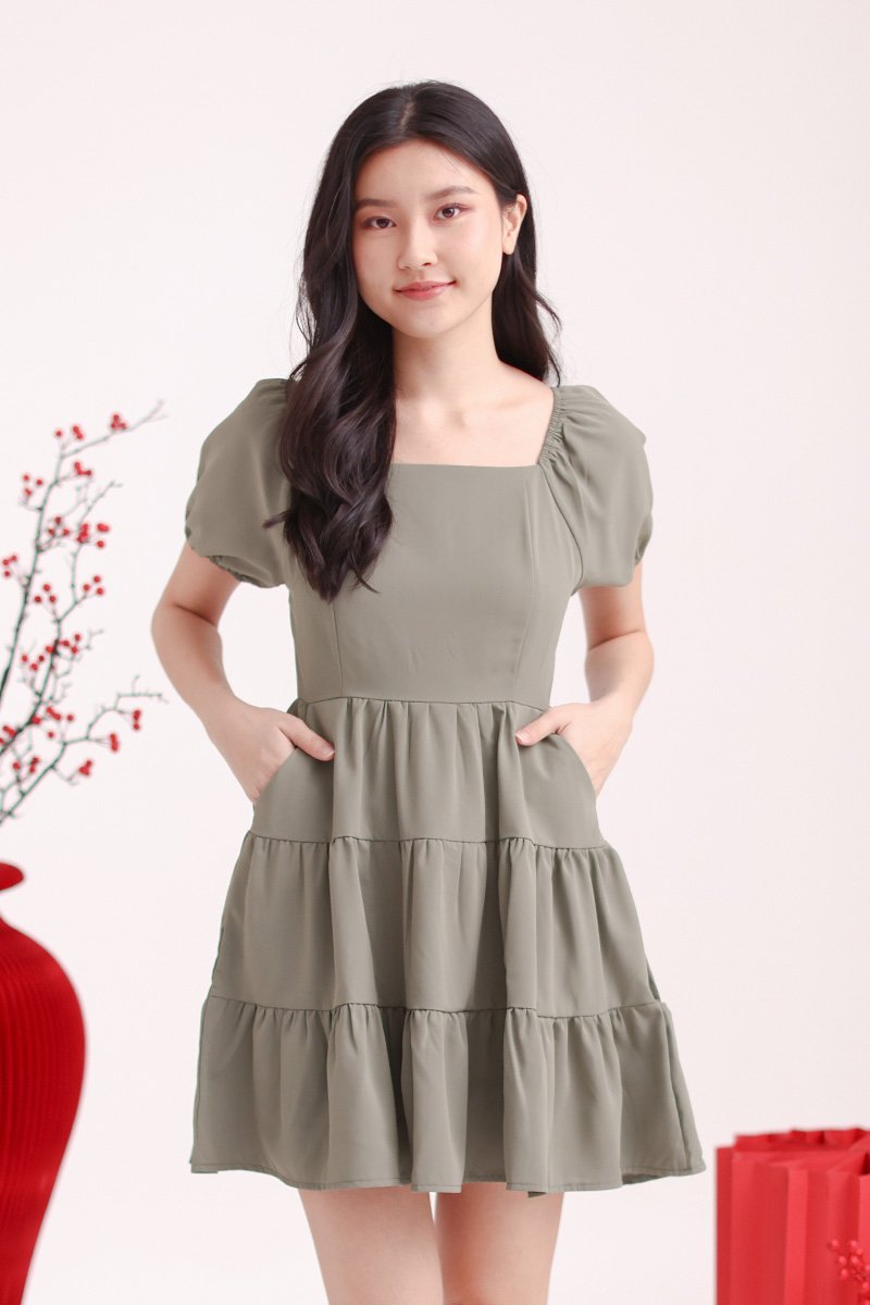 Tabby Two Way Tiered Babydoll Dress Sage