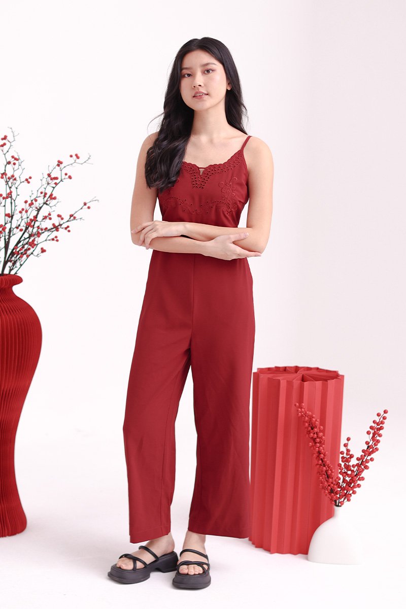 LiHua Embroidered Straight Cut Jumpsuit Wine Red