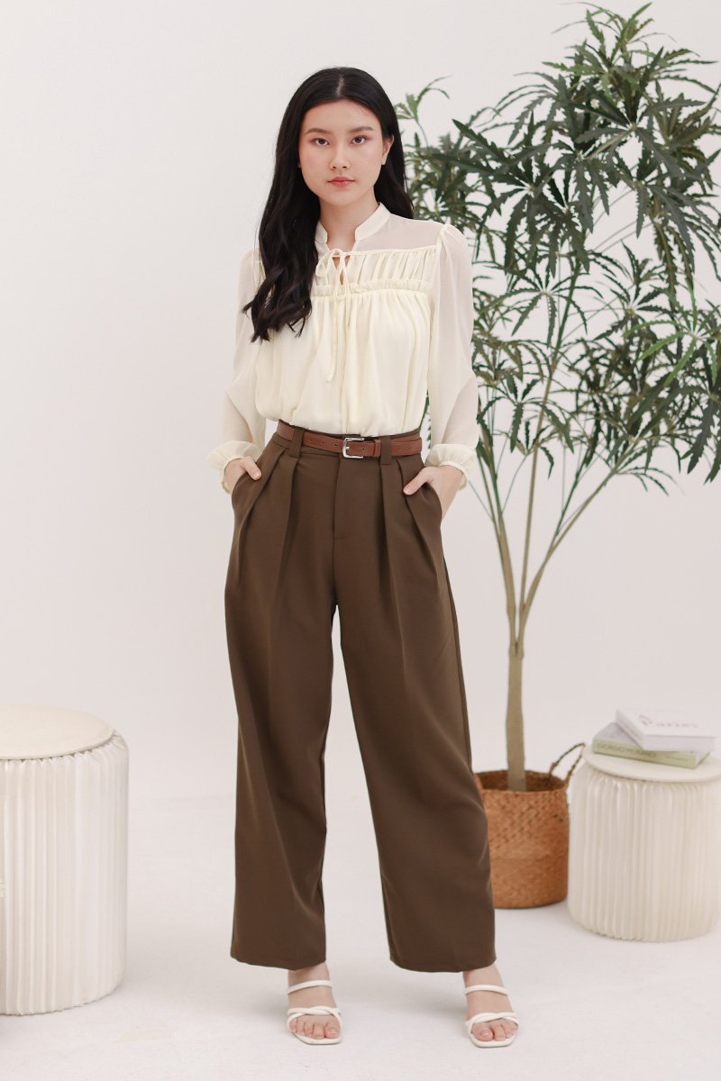 Maddison Belted Pleated Suit Pants Oak Brown