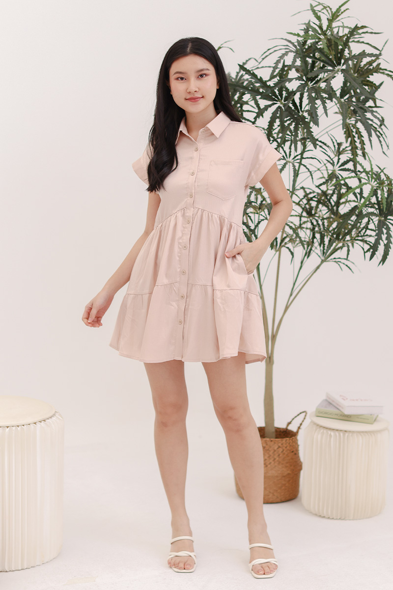 Char Collar Tiered Dress Blush