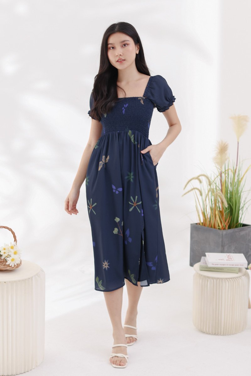 Akalia In-House Print 4-Way Smocked Dress Midnight