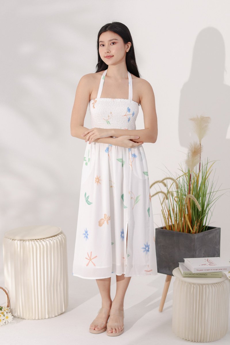Akalia In-House Print 4-Way Smocked Dress Ivory