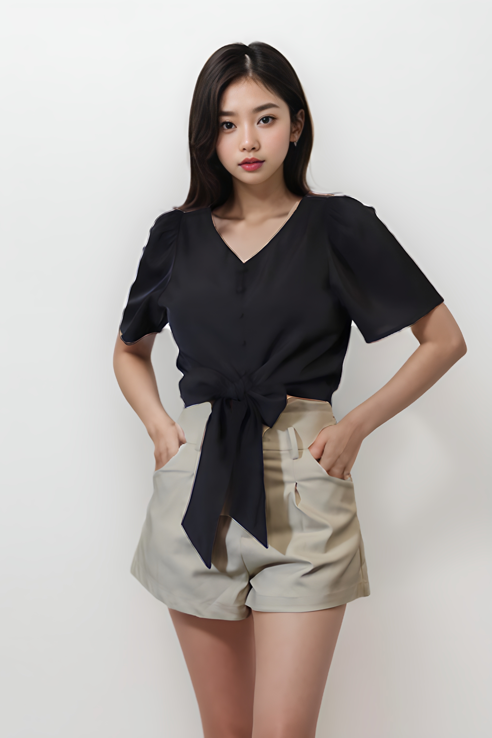 Khloe V-Neck Sash Top Black