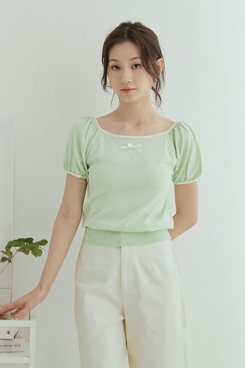 Aly Ribbon Contrast Knit Top Mint Green
