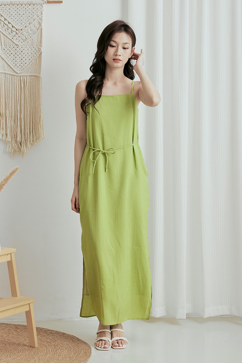 Vacay Side Slits Self-Tie Maxi Dress Apple Green
