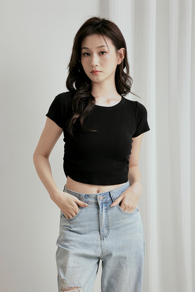 Leith Side Ruched Knit Top Black