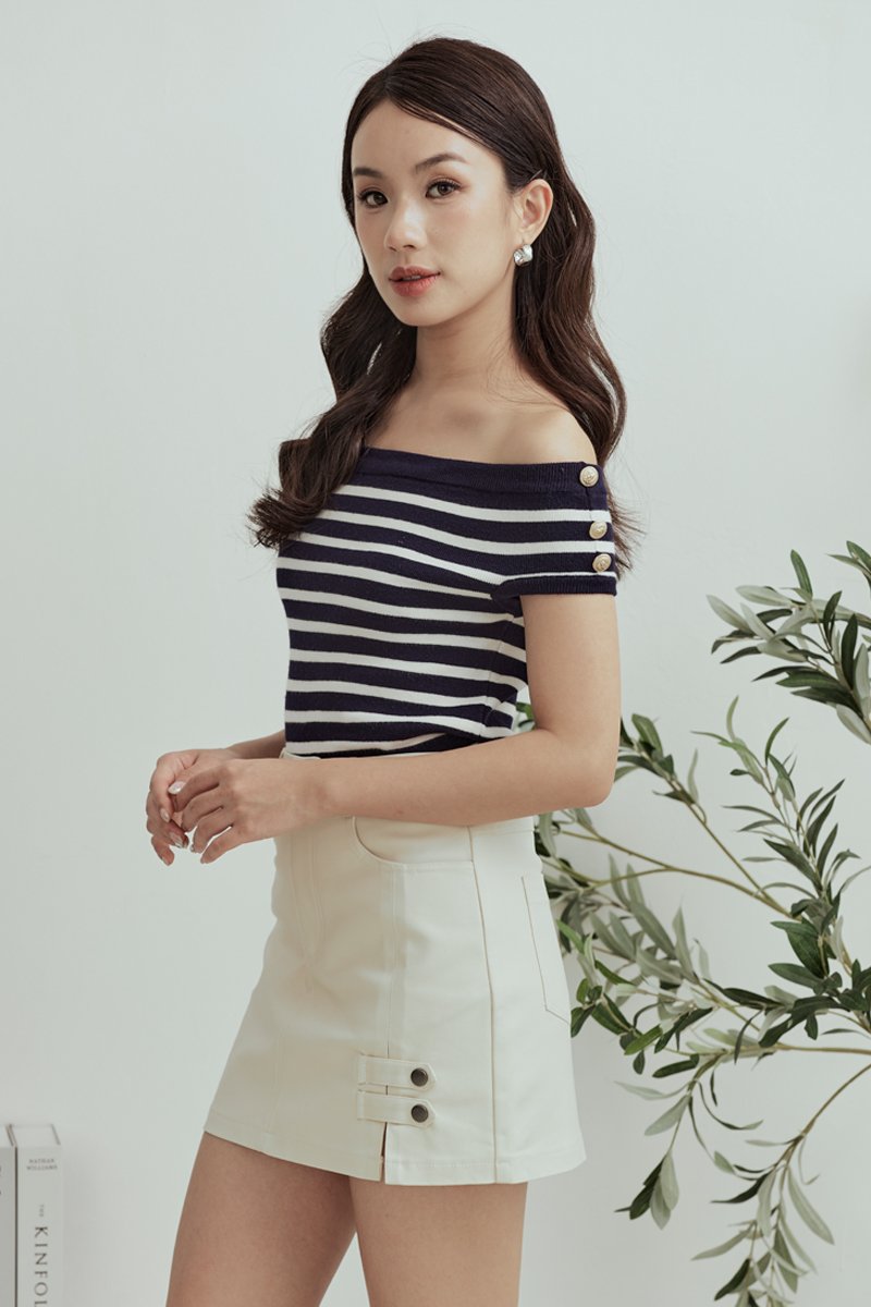 Harmonic Off Shoulder Striped Knit Top Midnight