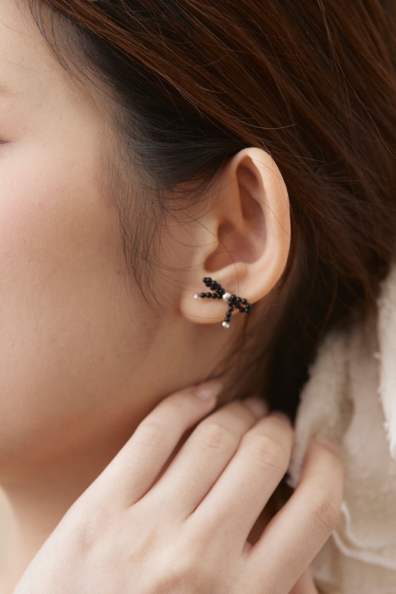 Charm Black Ribbon Stud Earrings Midnight