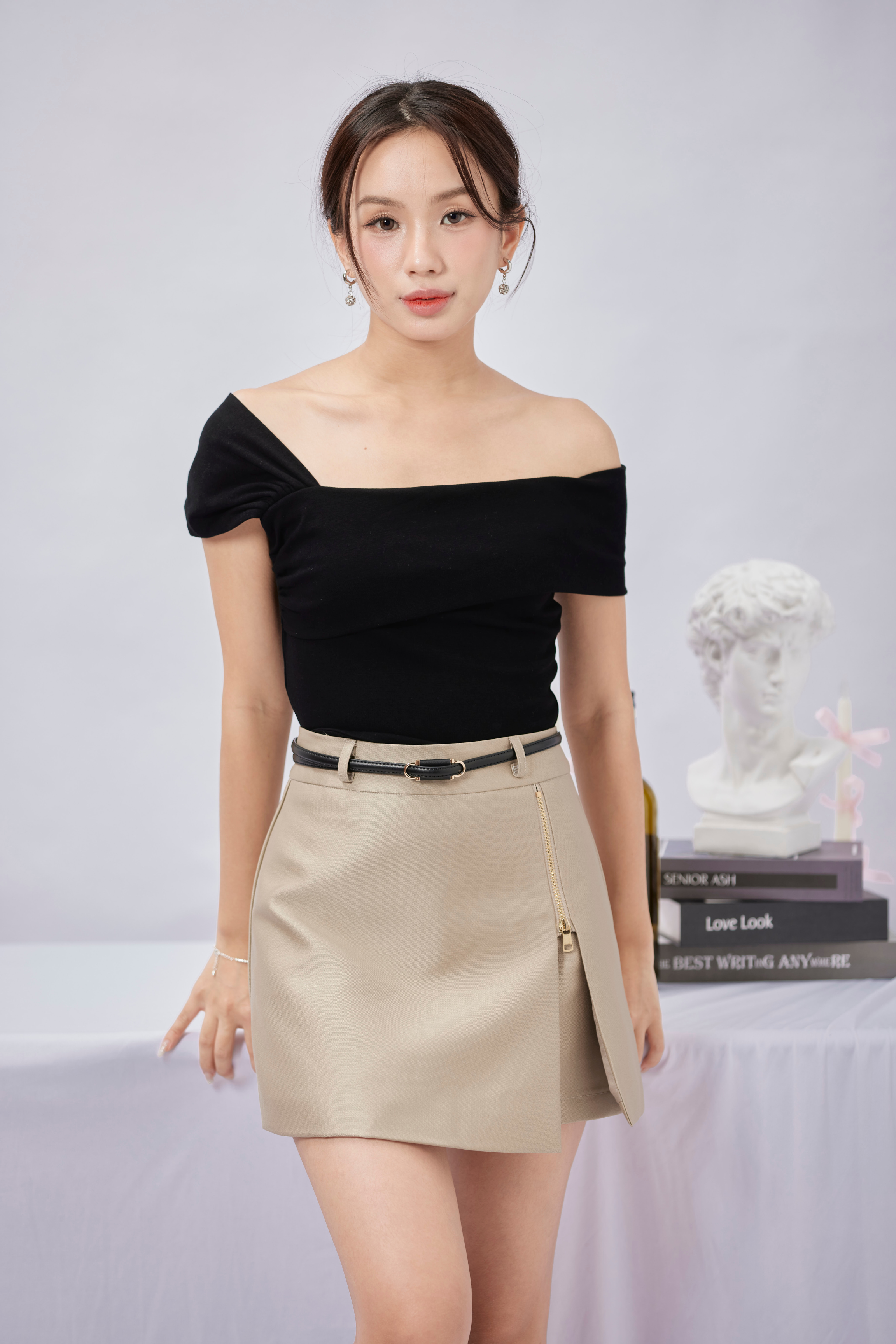 Fiona Asymmetrical sleeve top Black