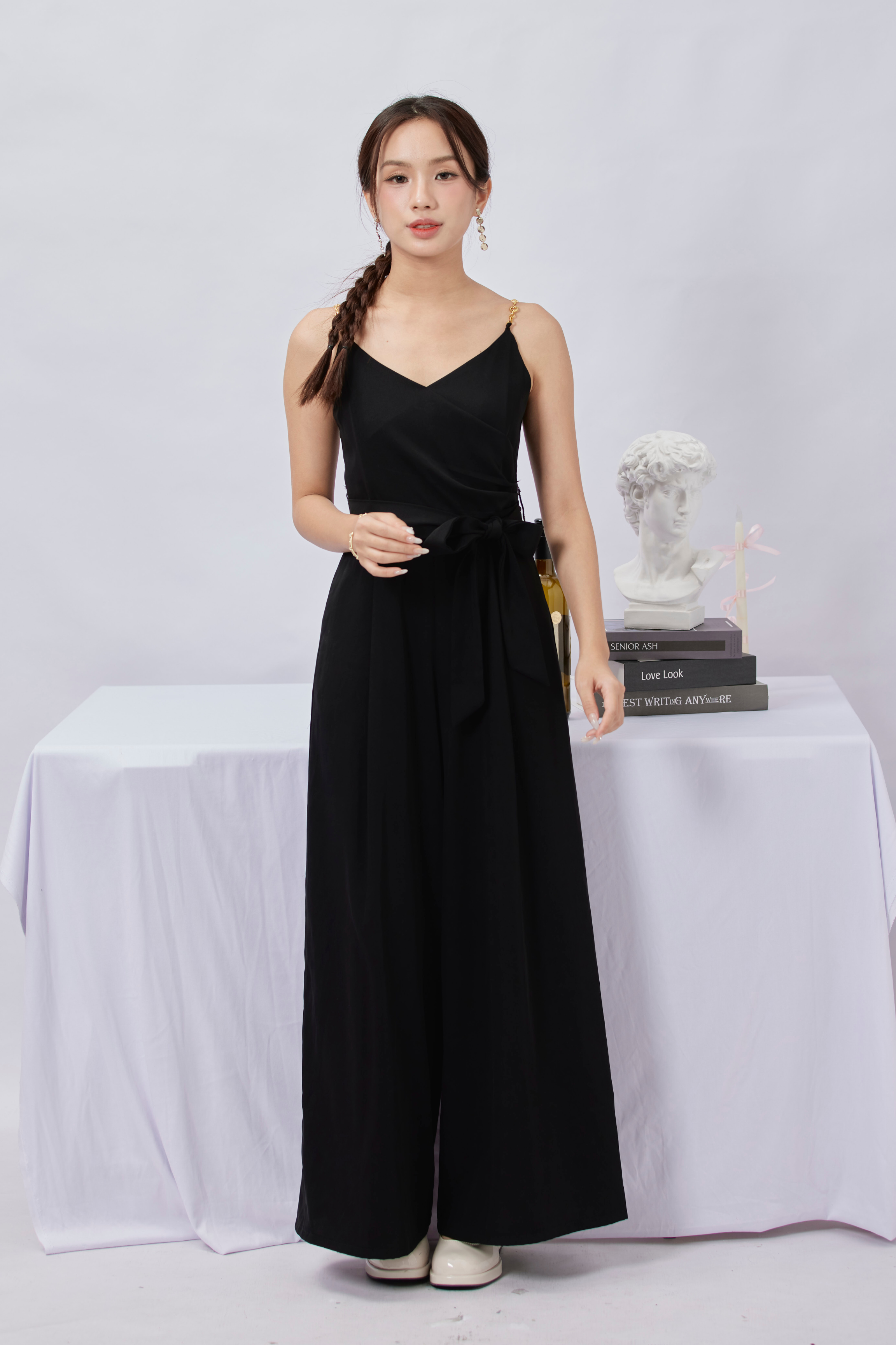 Viola Overlap Belt Flair Jumpsuit Black