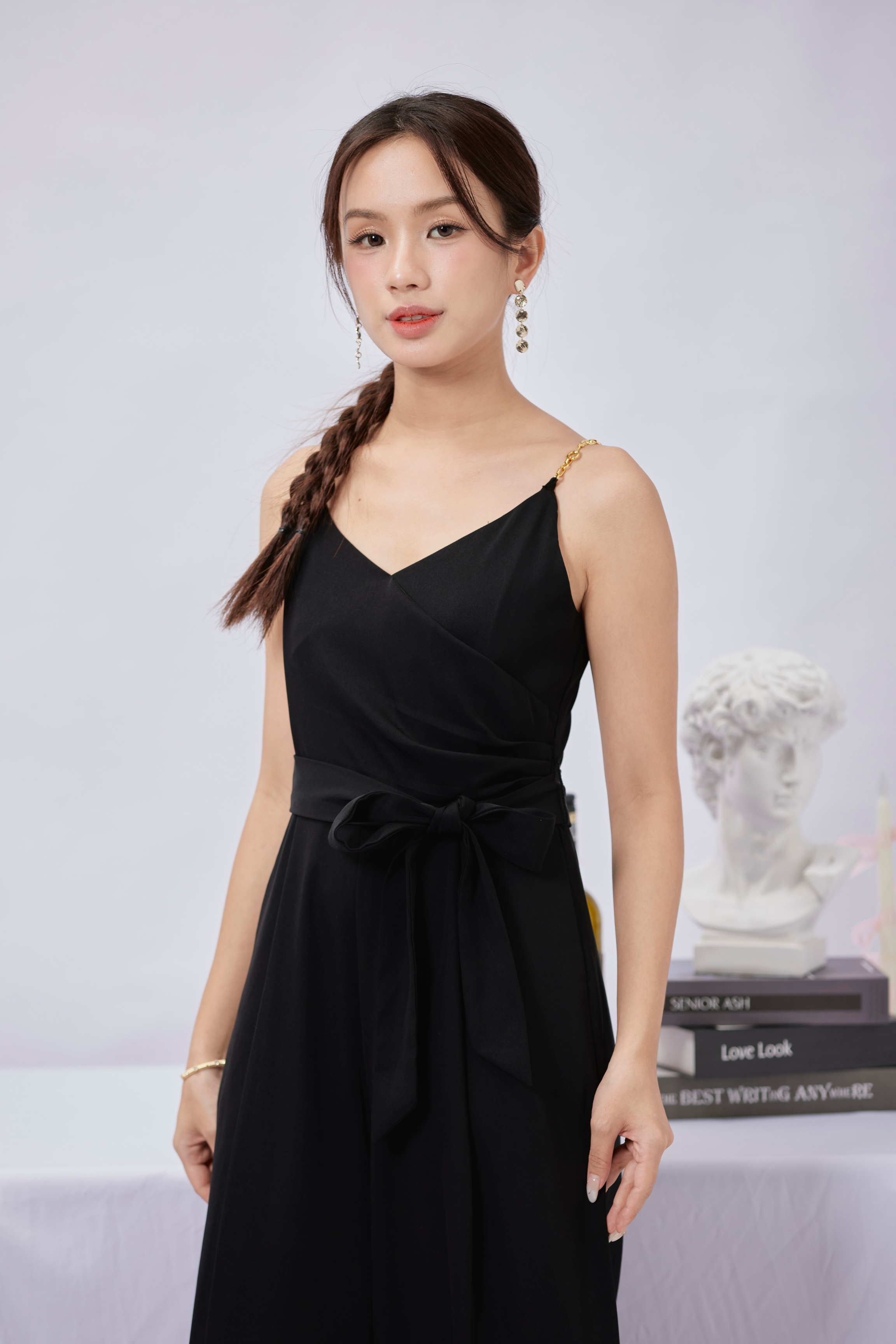 Viola Overlap Belt Flair Jumpsuit Black