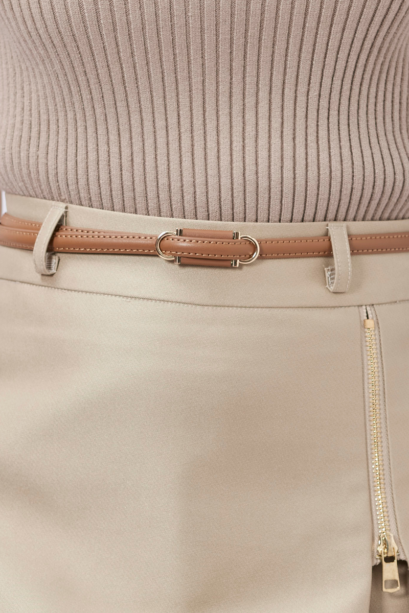 Sleek Elegance Leather Thin Belt Khaki