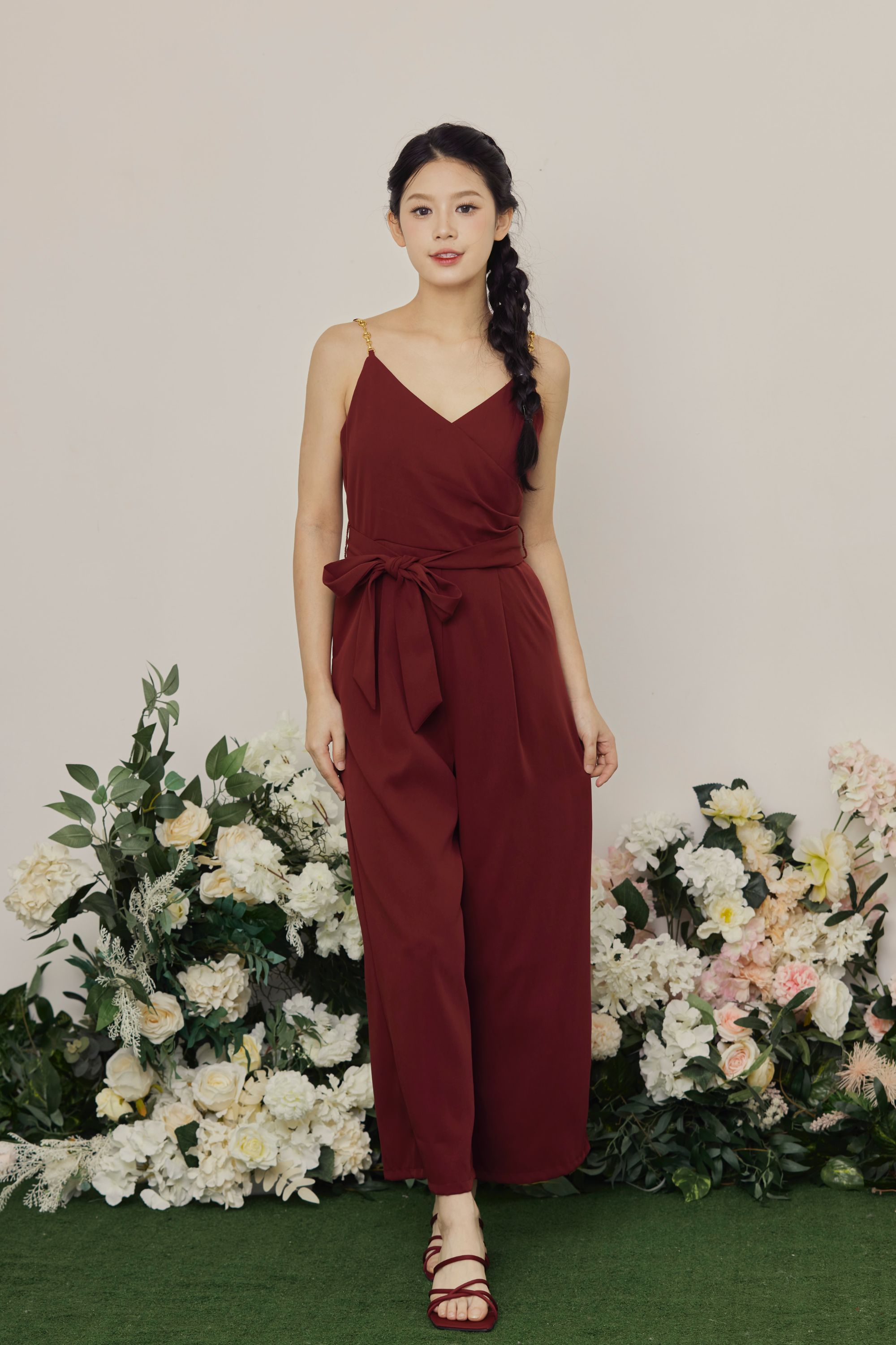 [RESTOCK] Viola Overlap Belt Flair Jumpsuit Wine