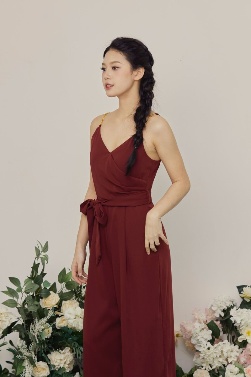 [RESTOCK] Viola Overlap Belt Flair Jumpsuit Wine