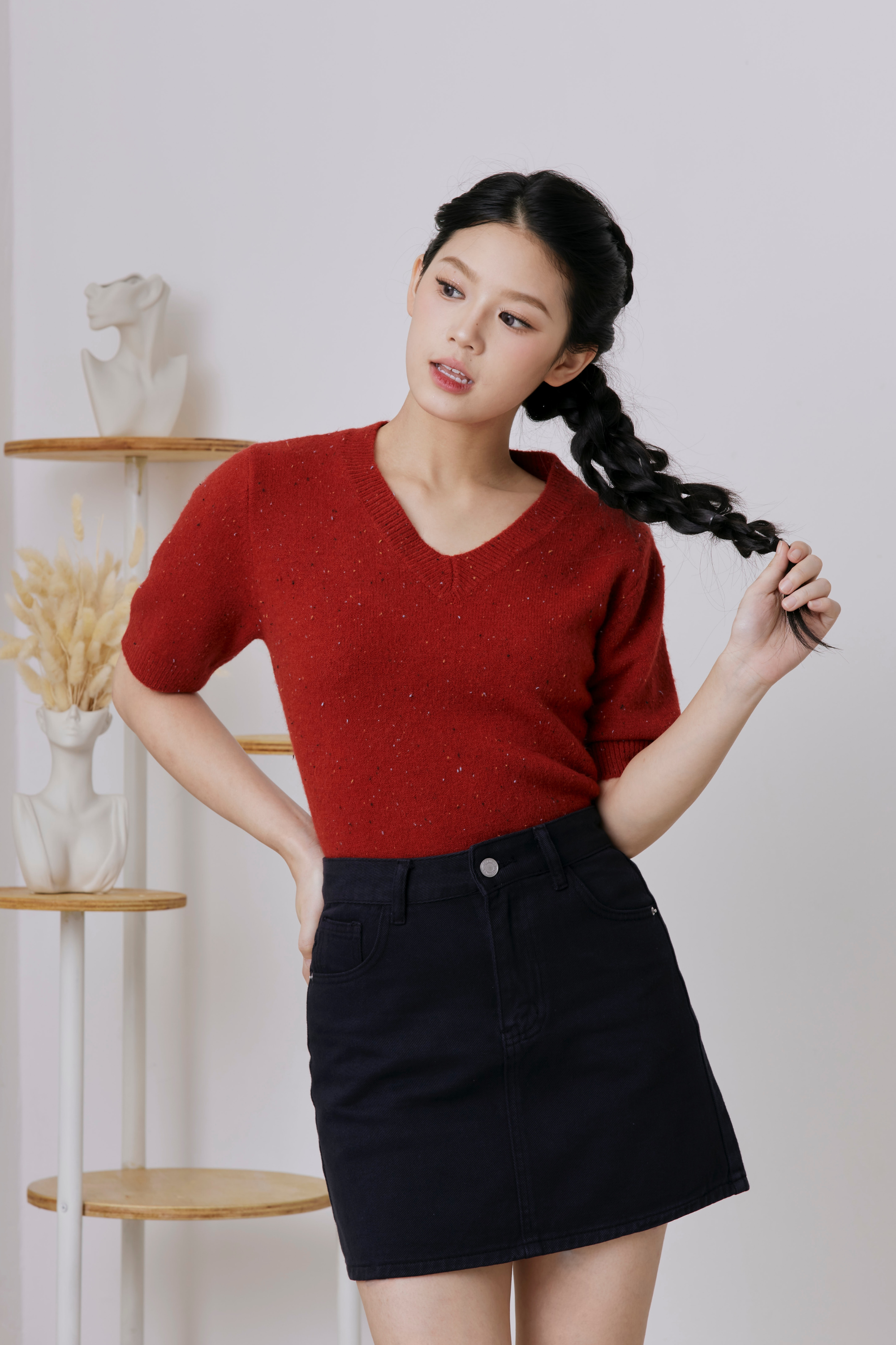 Cleo Woven Knit Top Wine