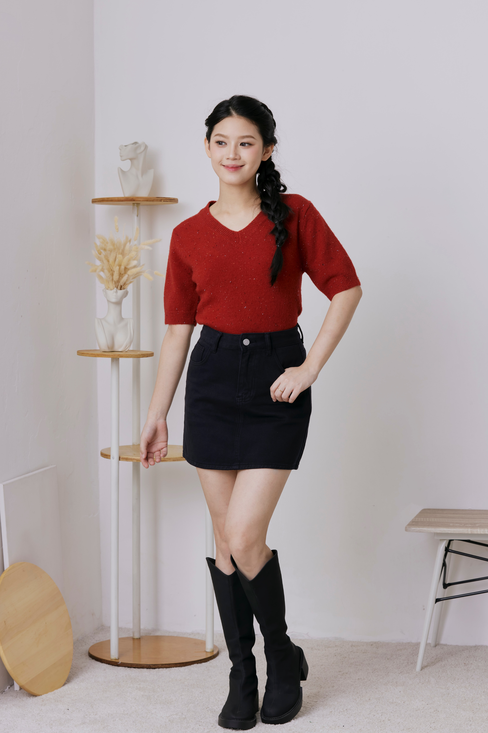 Cleo Woven Knit Top Wine