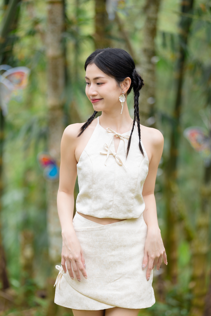 Zen Jacquard Ribbon Halter Top Beige