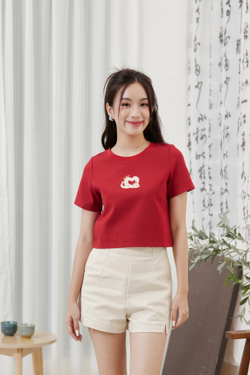 蛇heart embroidery Crop Top Scarlet