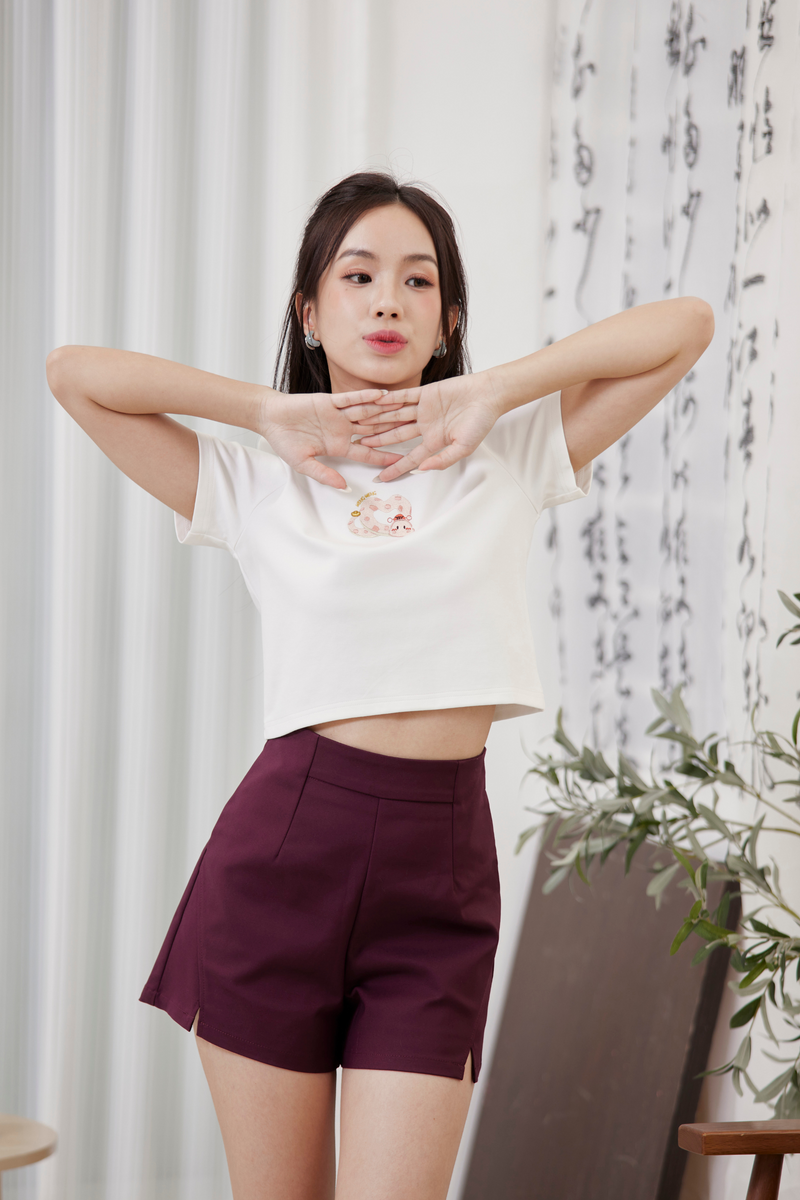 蛇heart embroidery Crop Top Ivory