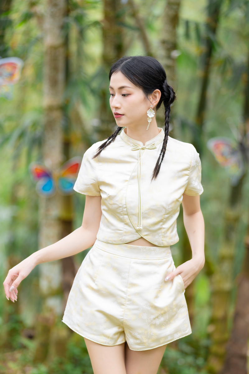 Orient Cheongsam Jacquard Ribbon Top Yellow