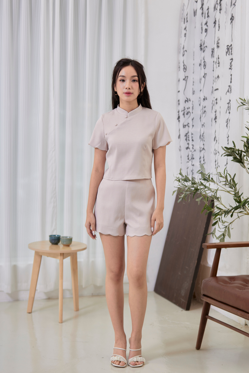 Enid Cheongsam Scallop Tweed Top Blush