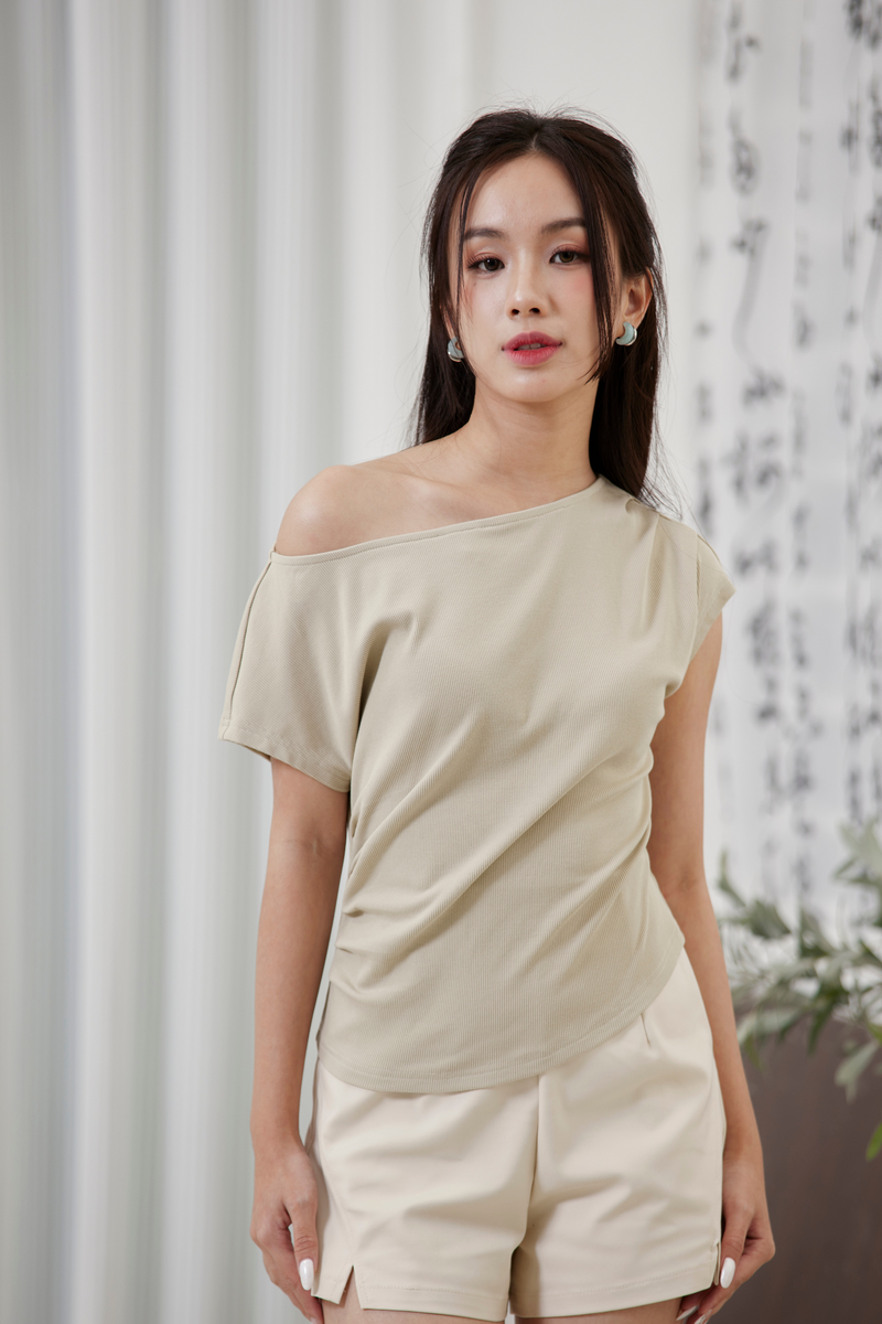 Lunar Asymmetrical Ruched Top Beige