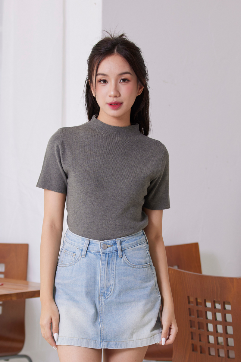 [RESTOCK] Velvet High Neck Ruched Knit Top Grey