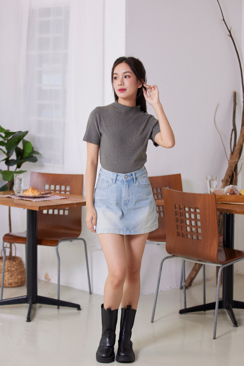 [Backorder] Velvet High Neck Ruched Knit Top Grey