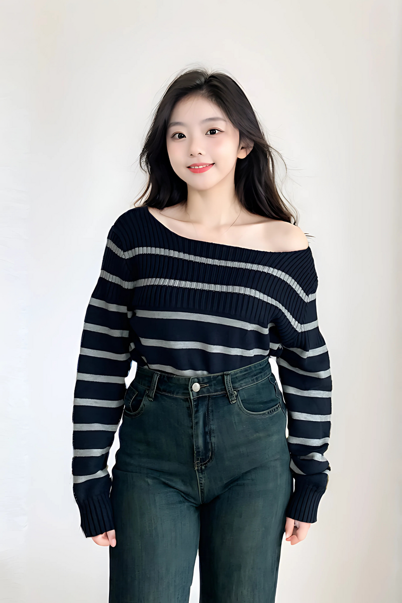 Boa Off Shoulder Stripe Top Midnight