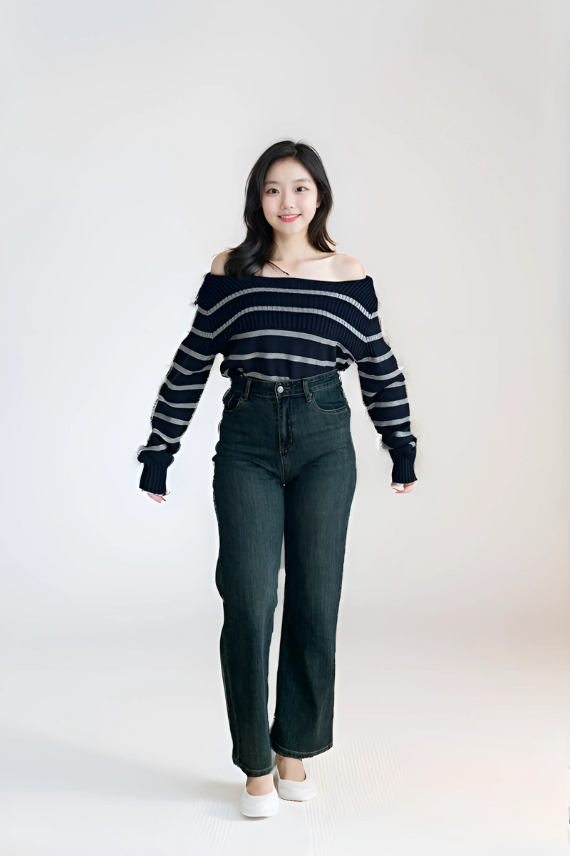 Boa Off Shoulder Stripe Top Midnight