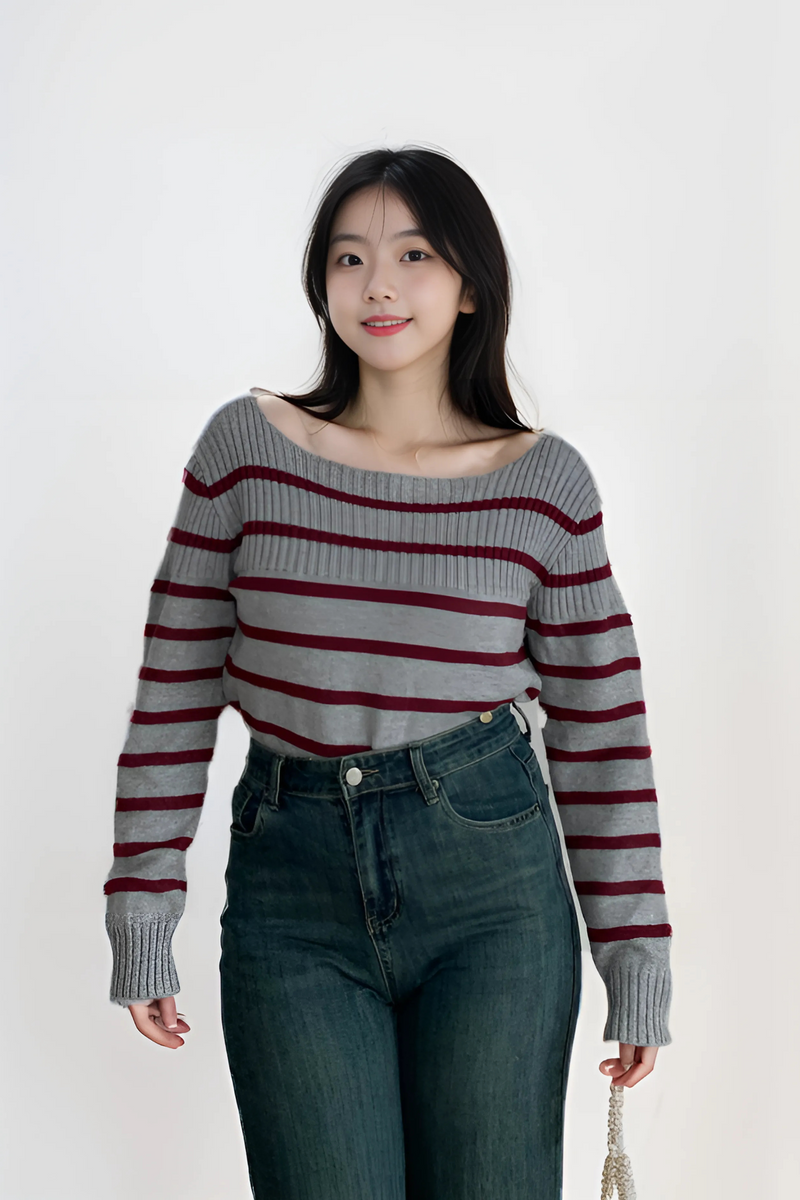 Boa Off Shoulder Stripe Top Gray