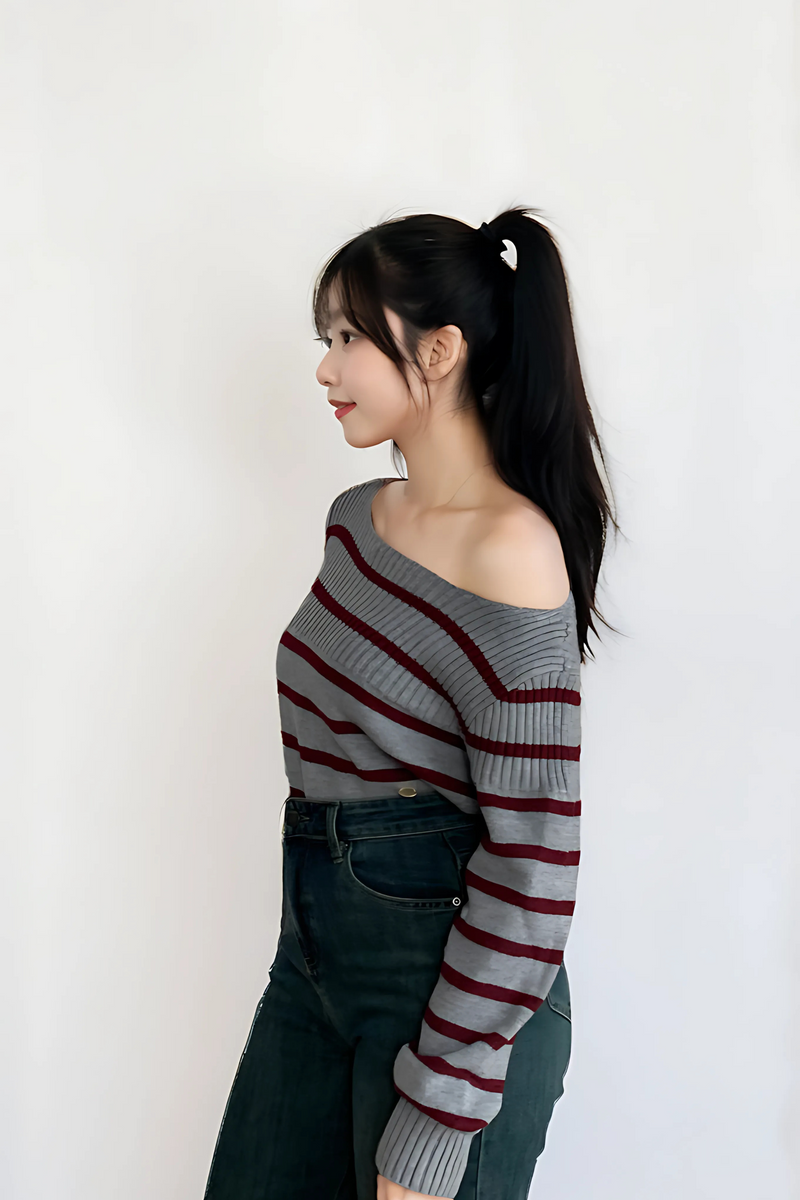 Boa Off Shoulder Stripe Top Gray