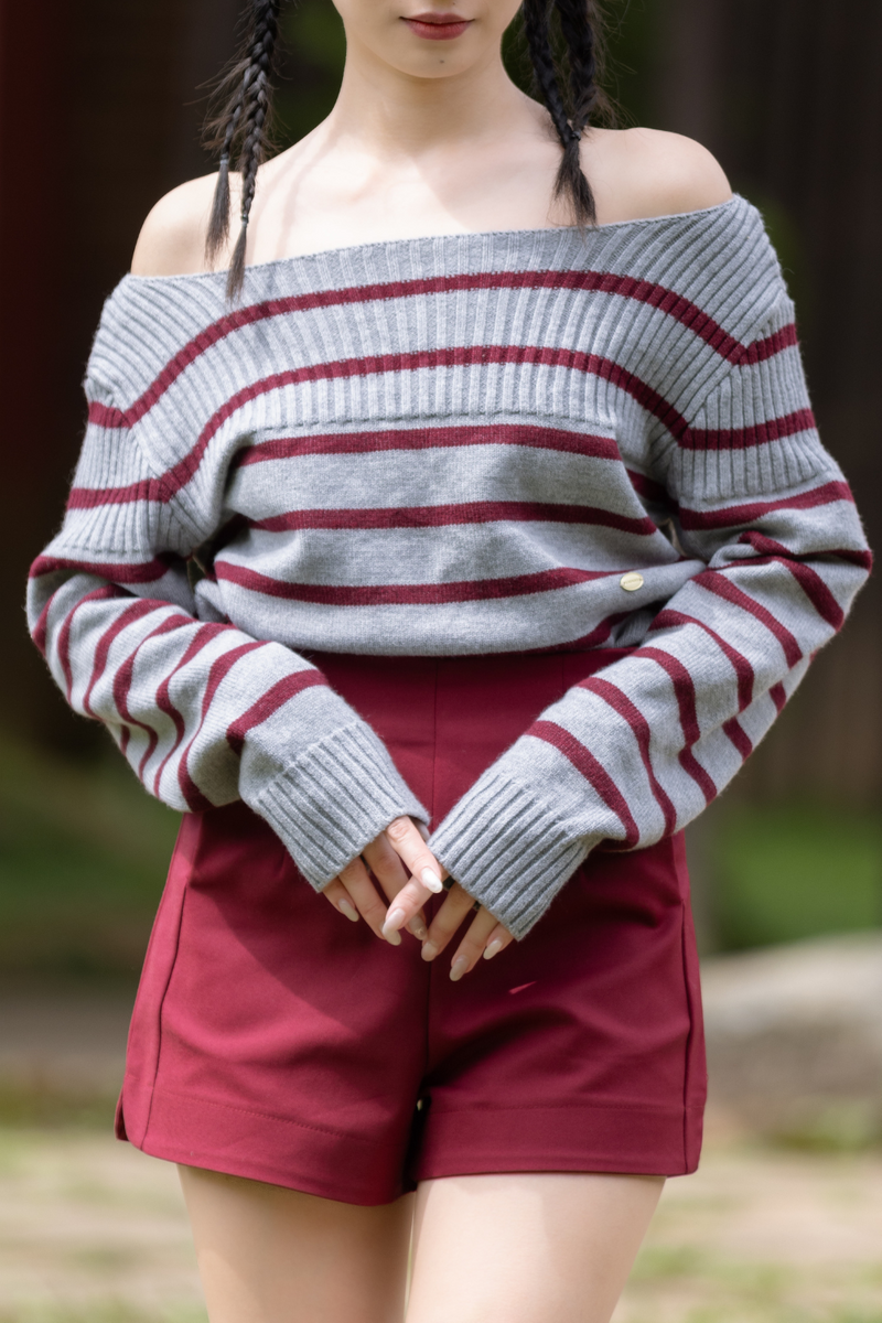 Boa Off Shoulder Stripe Top Grey