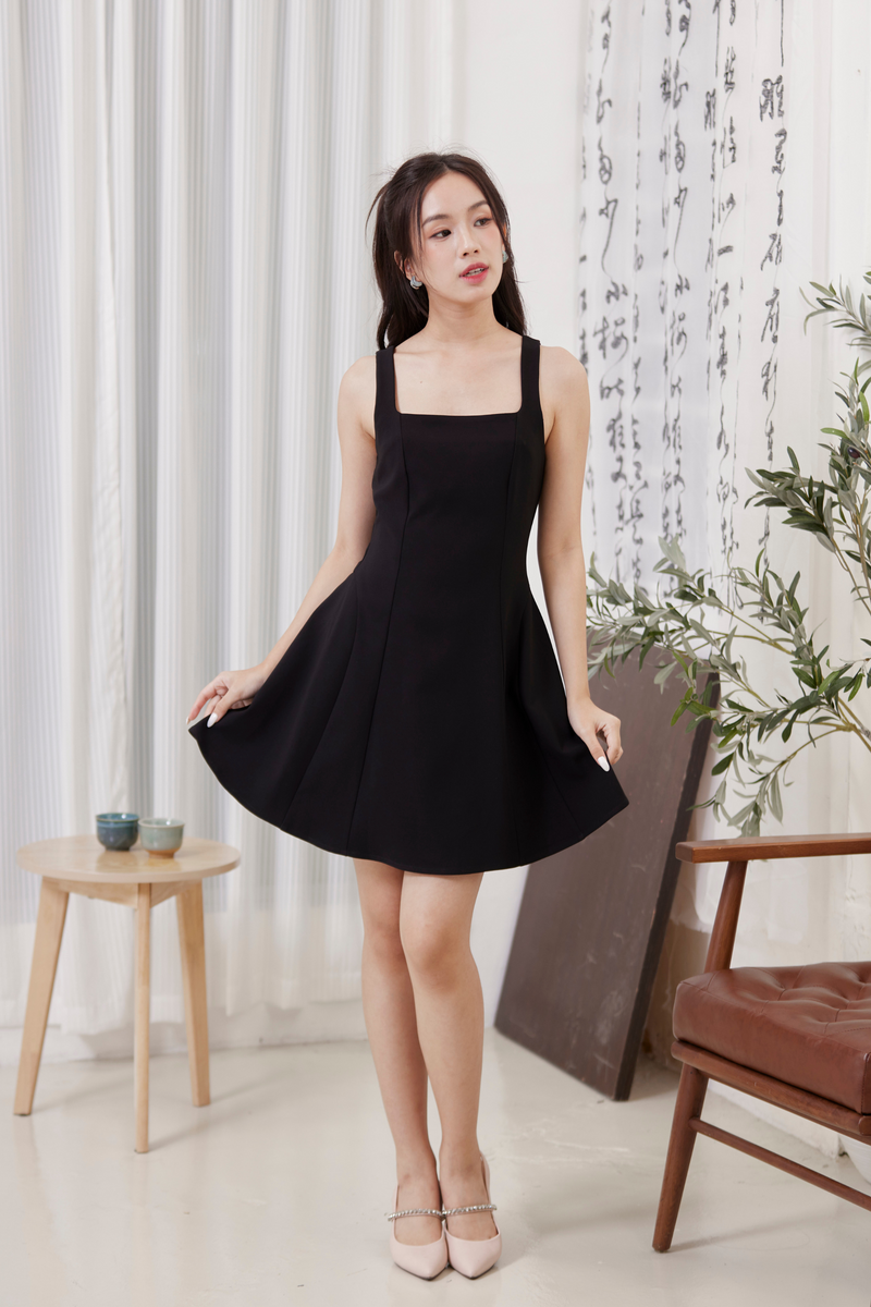 Eterna Thick Strap Flare Dress Black