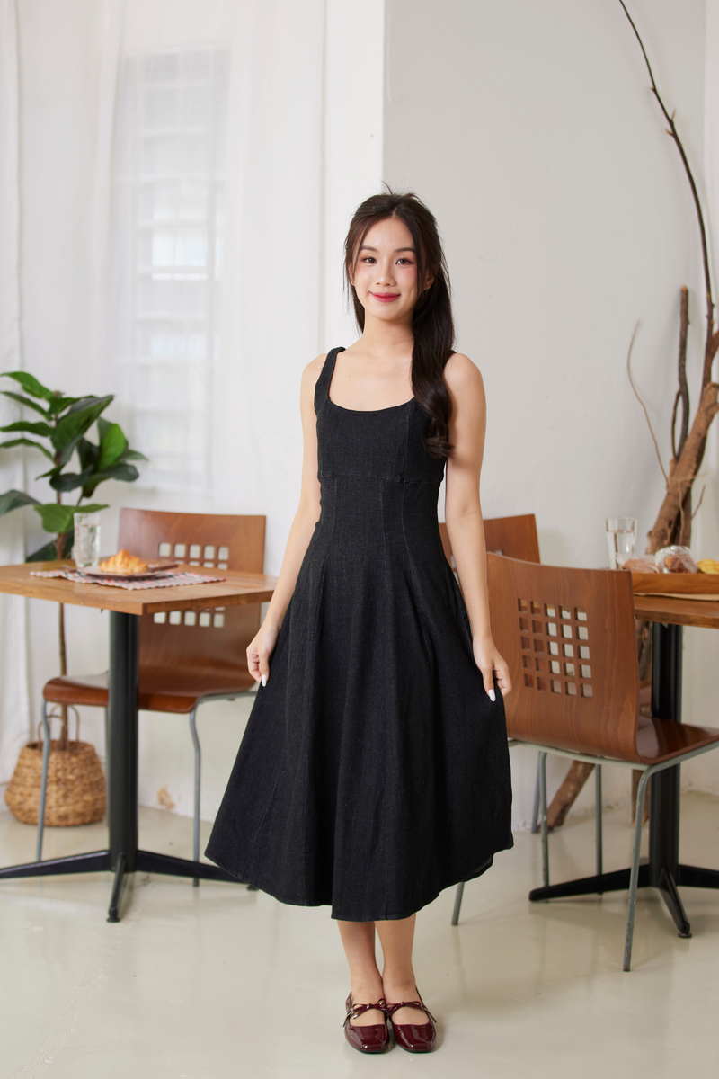 Bridget Sleeveless Denim Midi Dress Black