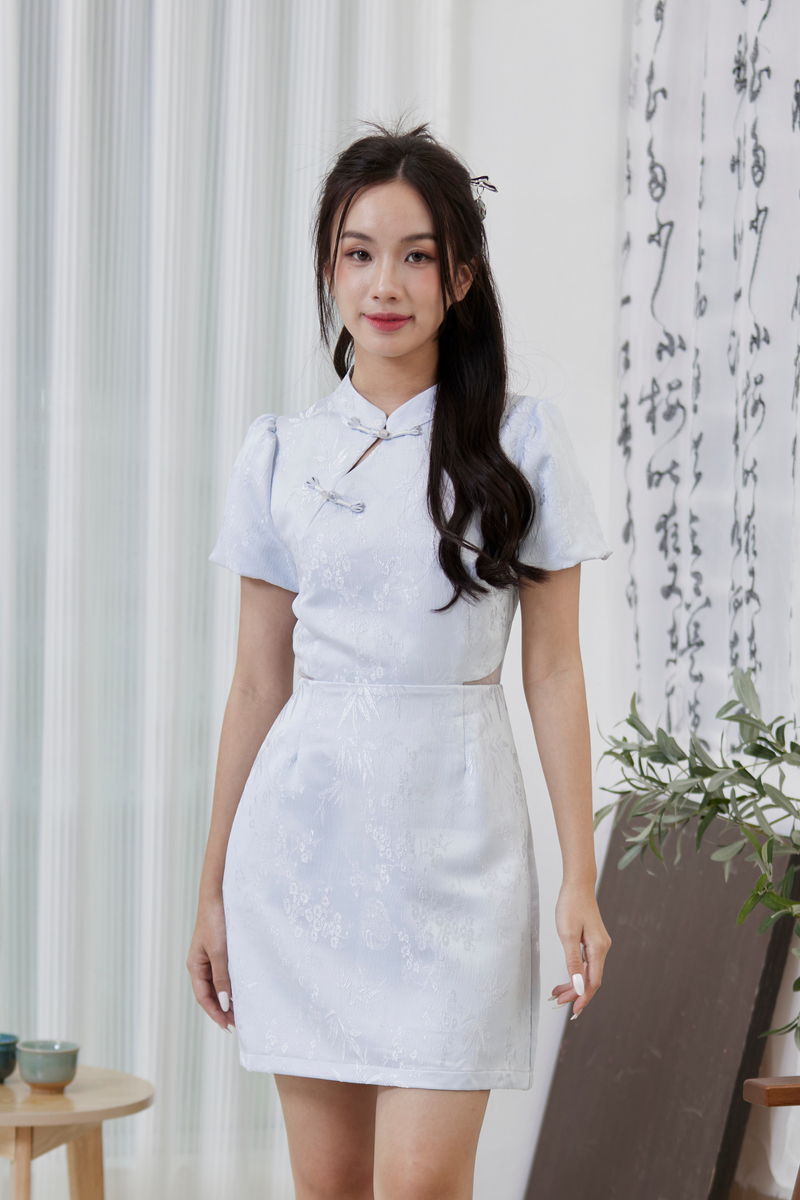 Mignon Puffed Sleeve Jacquard Cheongsam Light Blue