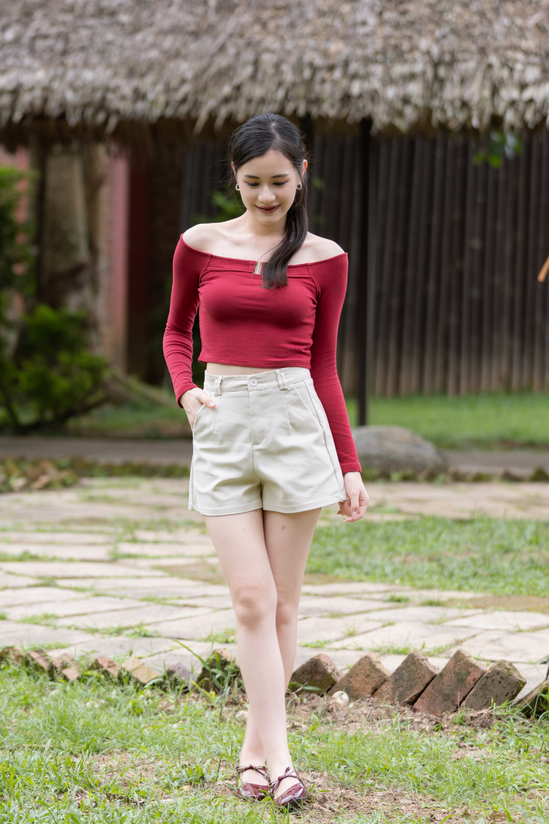 Riley High-Waisted Paneled Side Seam Shorts Cream