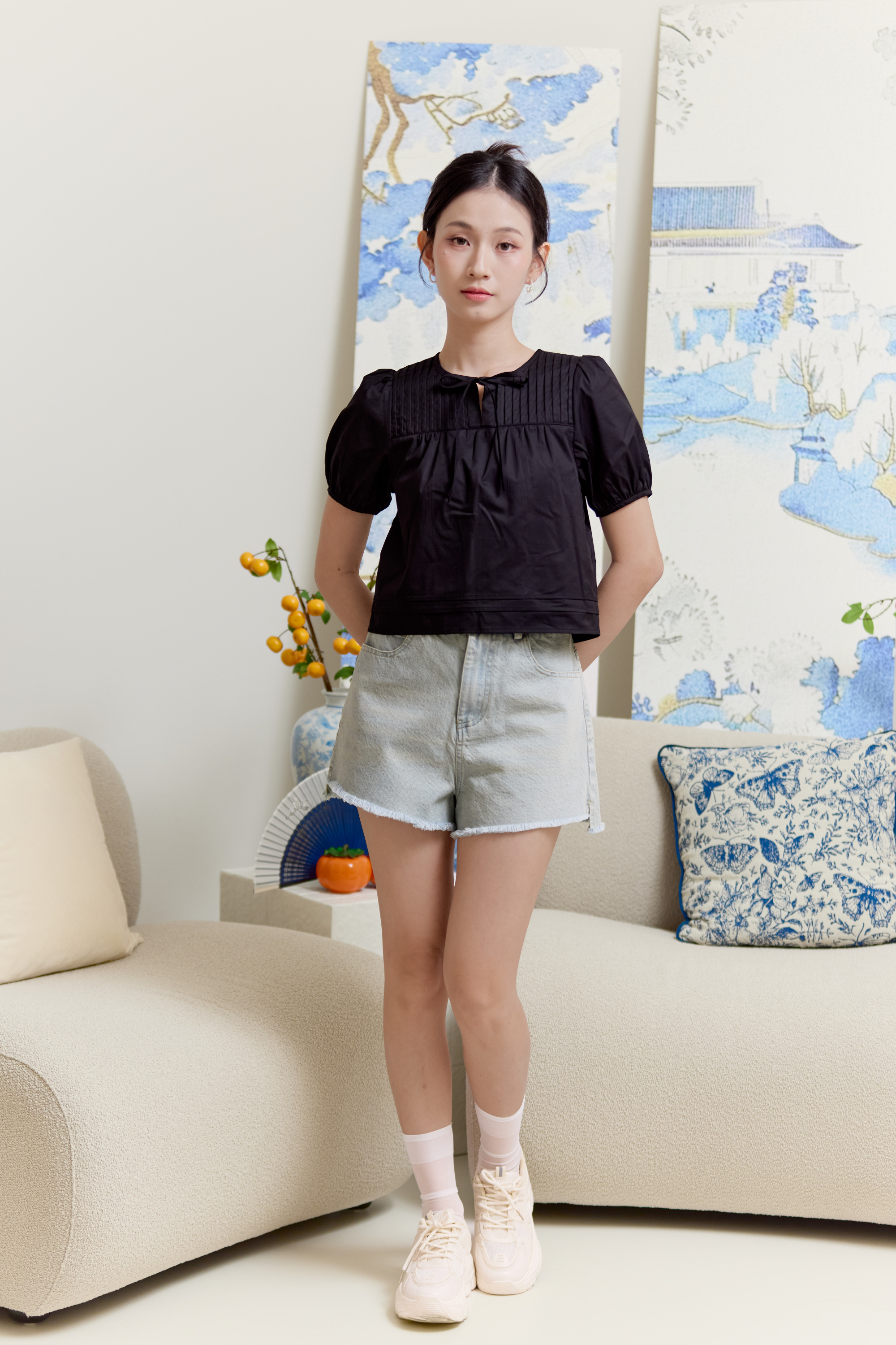 Romi Pintuck Babydoll Top Black