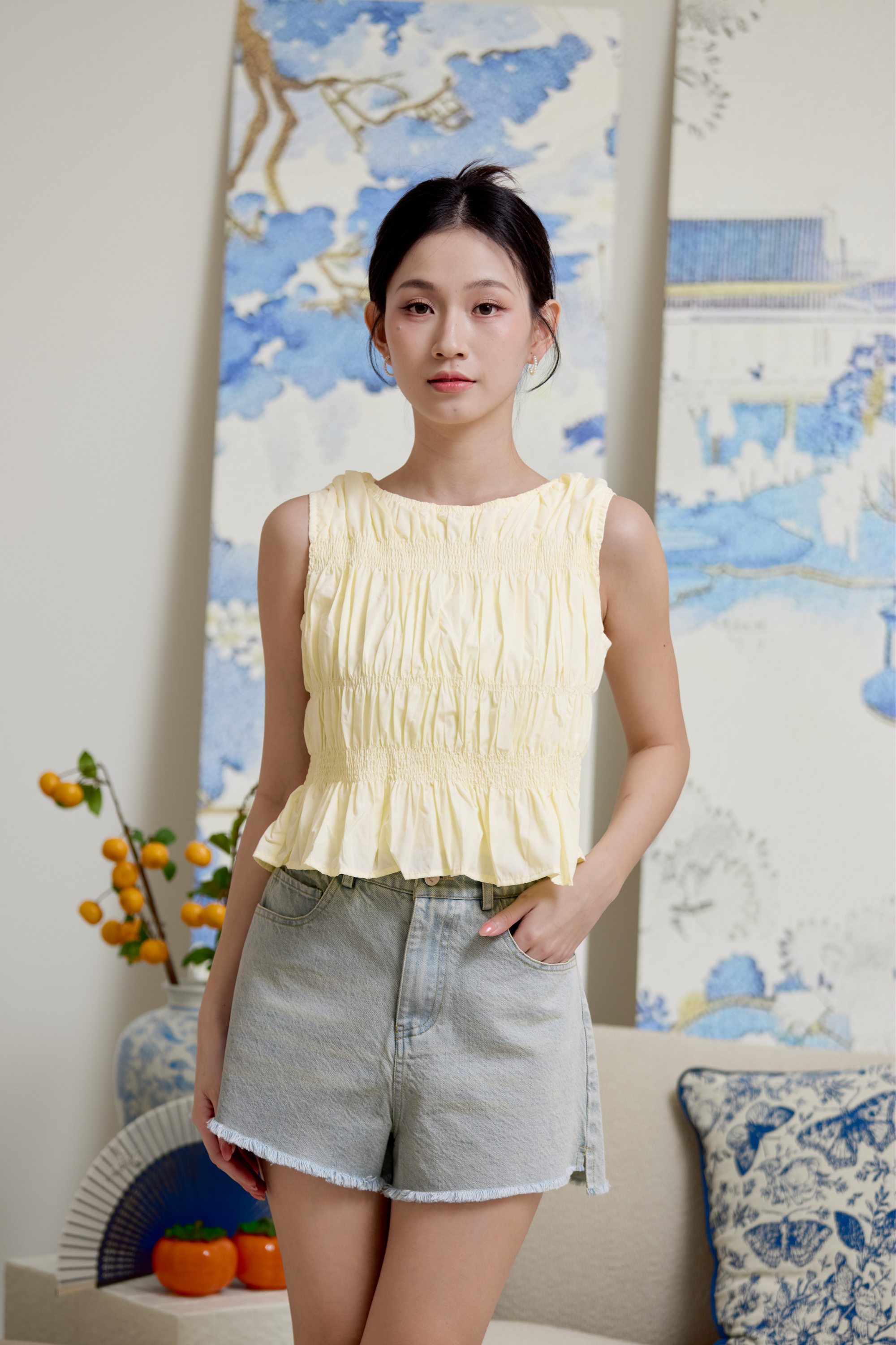 Sherrie Shirring Sleeveless Top Yellow