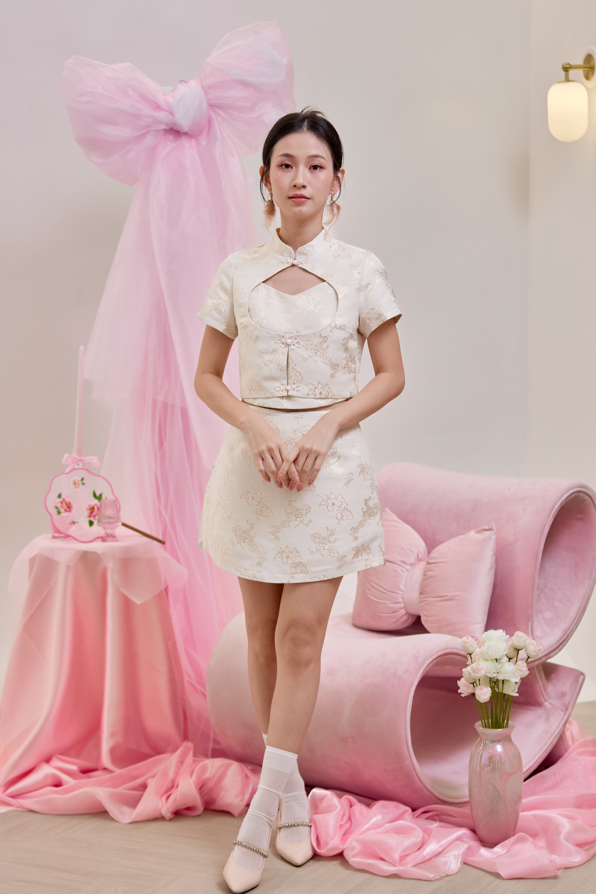 Hua Jacquard Cheongsam Skort Cream