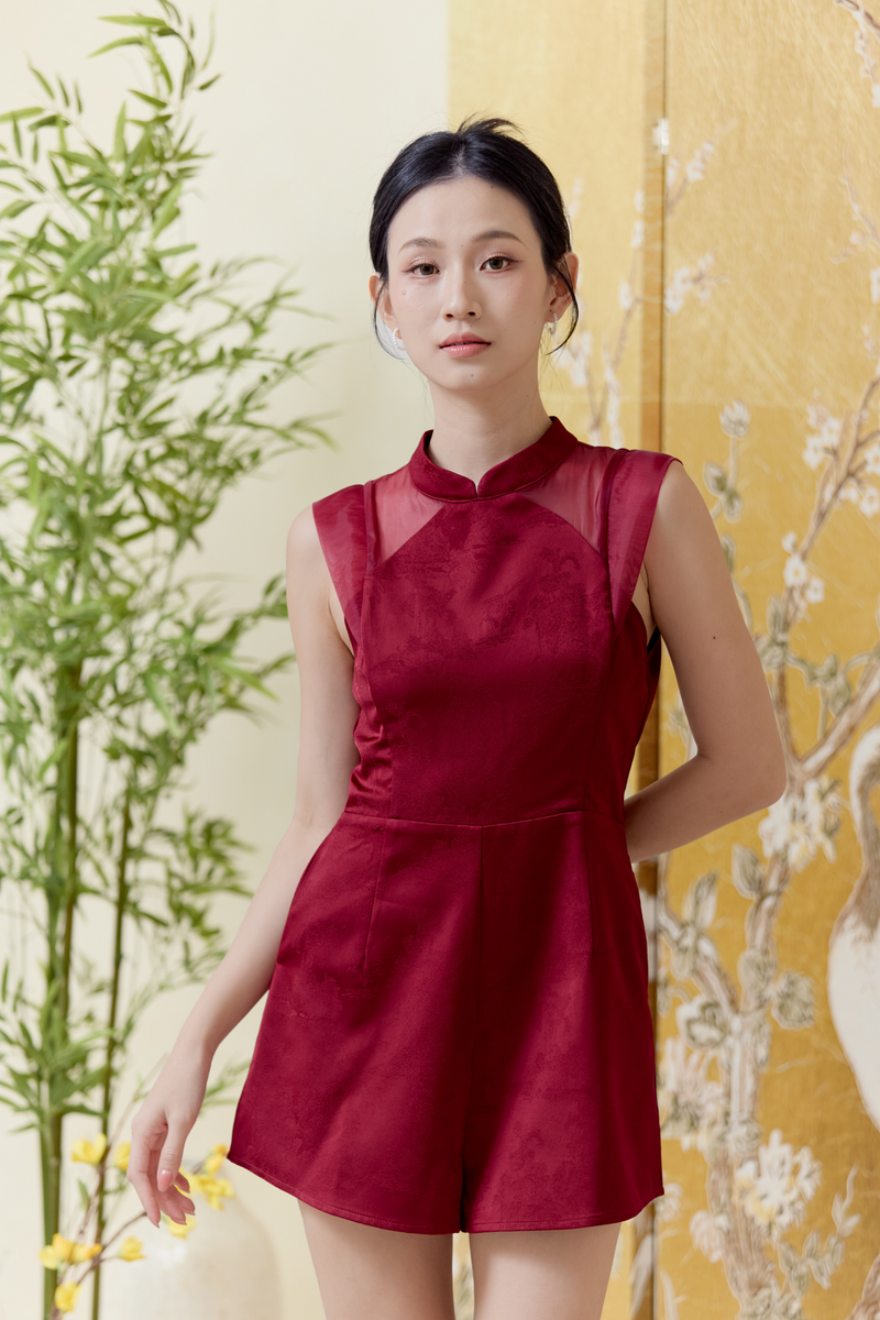 Chiffon Mandarin Collar Romper Wine